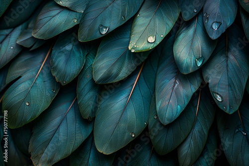 Dark Green Leaves with Water Droplets Texture Background