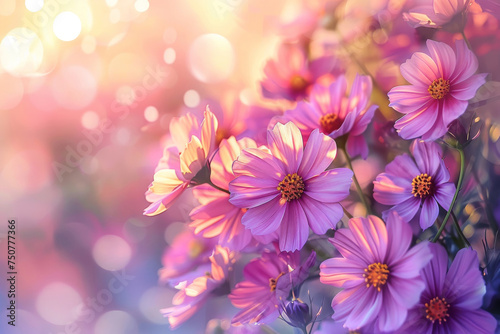 Sunlit Pink Cosmos Flowers Blooming in Dreamy Garden Light