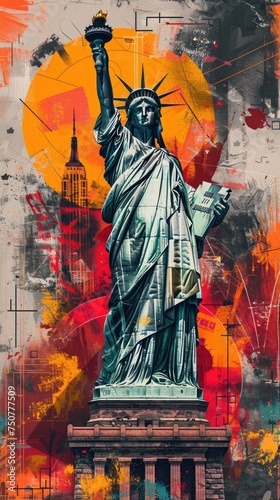 Statue of Liberty against a backdrop of sleek business elements