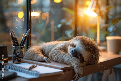 Sloth Resting on a Desk Amid Office Supplies photo