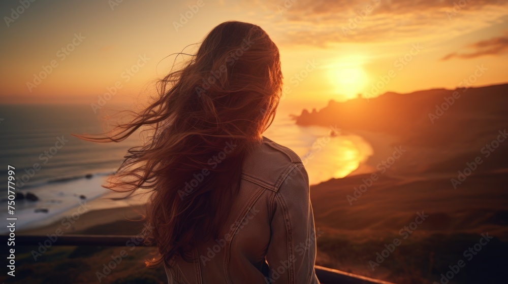 woman and nature,young women watching the sunrise 