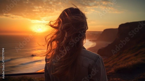 woman and nature,young women watching the sunrise 