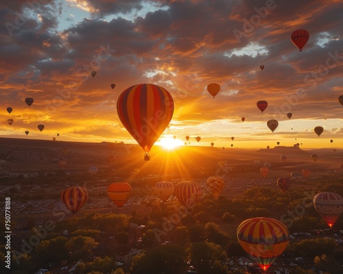 breathtaking beauty of a balloon fiesta amidst the dynamic skies. As the sun rises over this ancient landscape, colorful hot air balloons dot the horizon