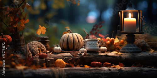 Cozy Autumn house background. Falling leaves backdrop. Park  nature  outdoor. Decoration Halloween.
