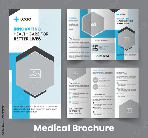 Health Trifold Brochure Template. Medical Catalog Pamphlet Design. Blue Accent Flyer