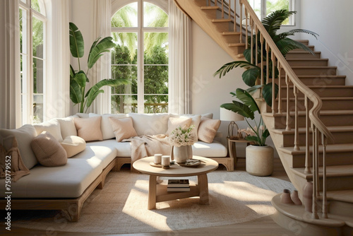 Beige staircase leading to a window alcove overlooking lush greenery, with a serene living room below featuring sofas and a wooden table.
