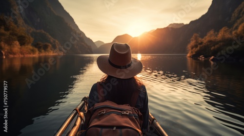 woman and nature,woman with backpack traveling by boat 