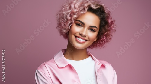 Woman wearing a nurse uniform is smiling and standing in front of a pink background.