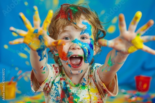 Creative child covered in paint Expressing joy and imagination through art Vibrant colors and messy fun