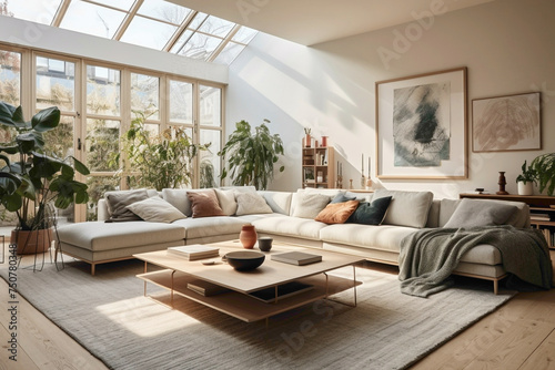 A living room featuring a blend of Scandinavian and minimalist design, with beige sofas, geometric rugs, and potted plants. Soft overhead lighting enhances the cozy ambiance. © Hashmatt