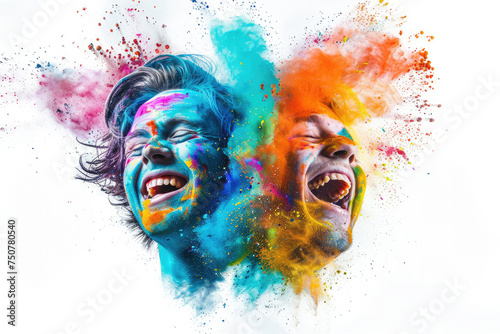 Young faces of man and boy white background happily throwing colorful powder paint. Colors rainbow, celebration festive atmosphere marathon . Youth , sport, creativeness, positive. Layout copy space
