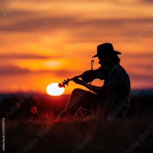 Serene Sunset Melodies. Lone Musician Embracing Nature's Harmony. Picture a Tranquil Scene where the Sun Sets on the Horizon