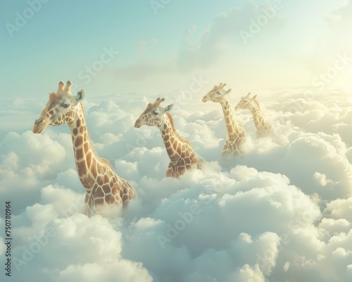 Surreal Academic Conference. Giraffes Reaching for Knowledge Amongst the Clouds. Picture a Scene Where Giraffes, the Symbol of Elegance and Height