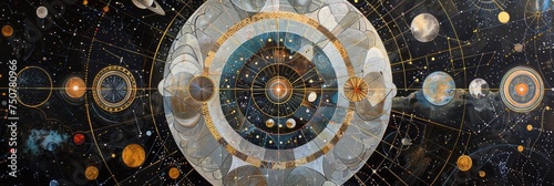 Celestial motifs intertwined with geometric shapes, creating a mesmerizing fusion of art and science