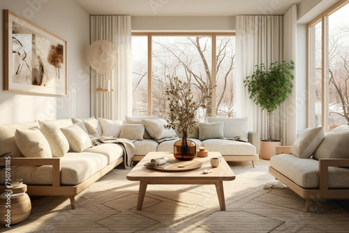 Cozy living room featuring beige sofas and a wooden table, accented with Scandinavian-inspired elements. Sunlight pours in through the window, illuminating the inviting space. © Hashmatt