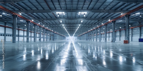 A vast warehouse space filled with bright lights  devoid of any objects or people. The numerous lights illuminate the empty expanse  creating a stark and industrial atmosphere.