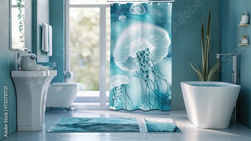 bathroom set with jellyfish motifs, including shower curtains and bath mats in soft, aquatic hues photo