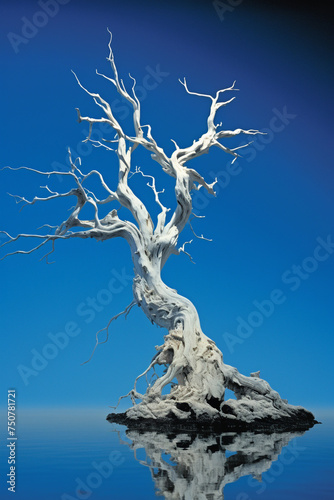 a dead tree next to a blue sky, in the style of nightmarish creatures, light white and silver сreated with Generative Ai