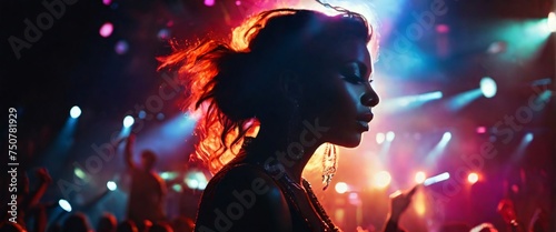 The Portrait in a silhouette double exposure. The Concert, a musician, is shown with intense color contrast, their face illuminated by vibrant stage lights, and their silhouette blending into a crowd