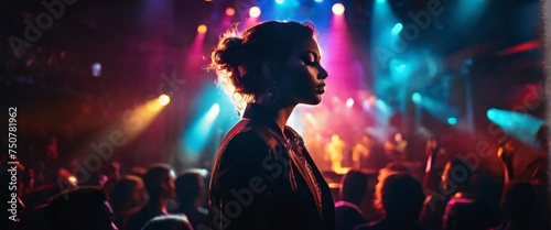 The Portrait in a silhouette double exposure. The Concert, a musician, is shown with intense color contrast, their face illuminated by vibrant stage lights, and their silhouette blending into a crowd