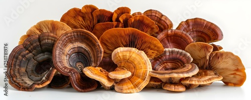 A Variety of Reishi Mushrooms Presented on a White Background. Concept Reishi Mushrooms, White Background, Variety of Mushrooms, Health Benefits, Natural Supplements photo