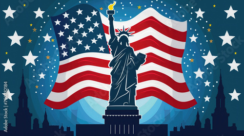 .a postcard with the American flag and the Statue of Liberty