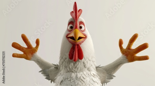 cartoon of a white chicken looking at the camera with open arms, White background photo