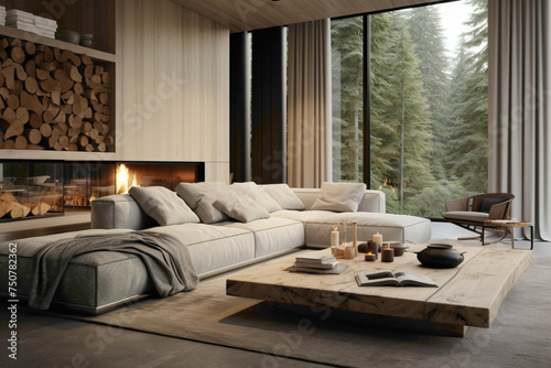 A lounge area characterized by Scandinavian design elements, including clean lines, natural textures, and muted tones of beige and gray. Soft lighting adds to the cozy ambiance.