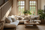 Beige staircase leading to a window alcove adorned with soft cushions and throws, overlooking a serene living room with sofas and a wooden table.
