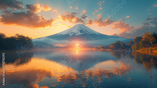 Aerial Panorama Landscape of Fuji Mountain. Iconic and Symbolic Mountain of Japan. Scenic Sunset Landscape of Fujisan at Evening Time, Kawaguchiko, Yamanashi, Japan. © Matthew