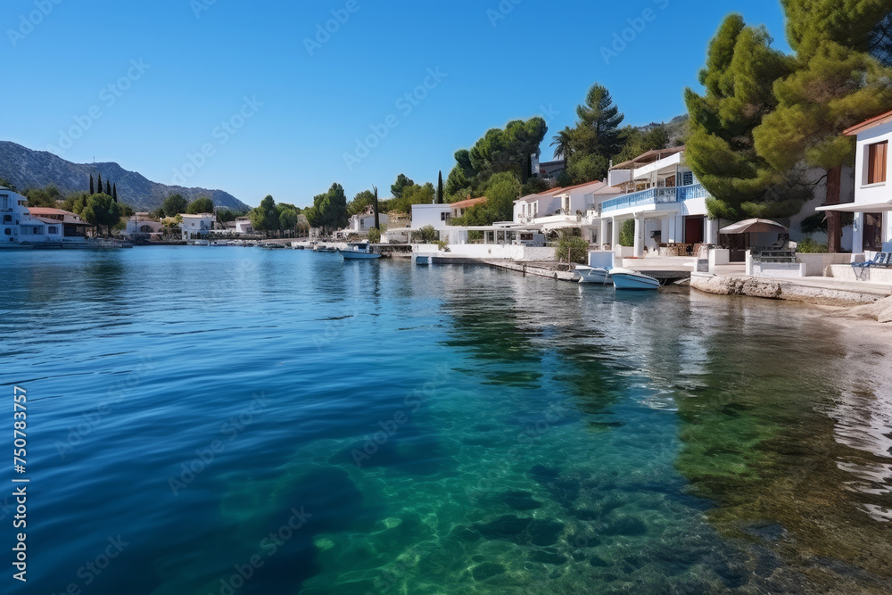 Scenic mediterranean town in bay with turquoise sea on sunny morning - travel and tourism concept Scenic mediterranean town in bay with turquoise sea on sunny morning - travel and tourism concept