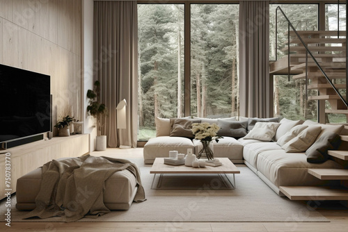 Nordic-inspired interior with a beige staircase and a cozy TV room by the window.