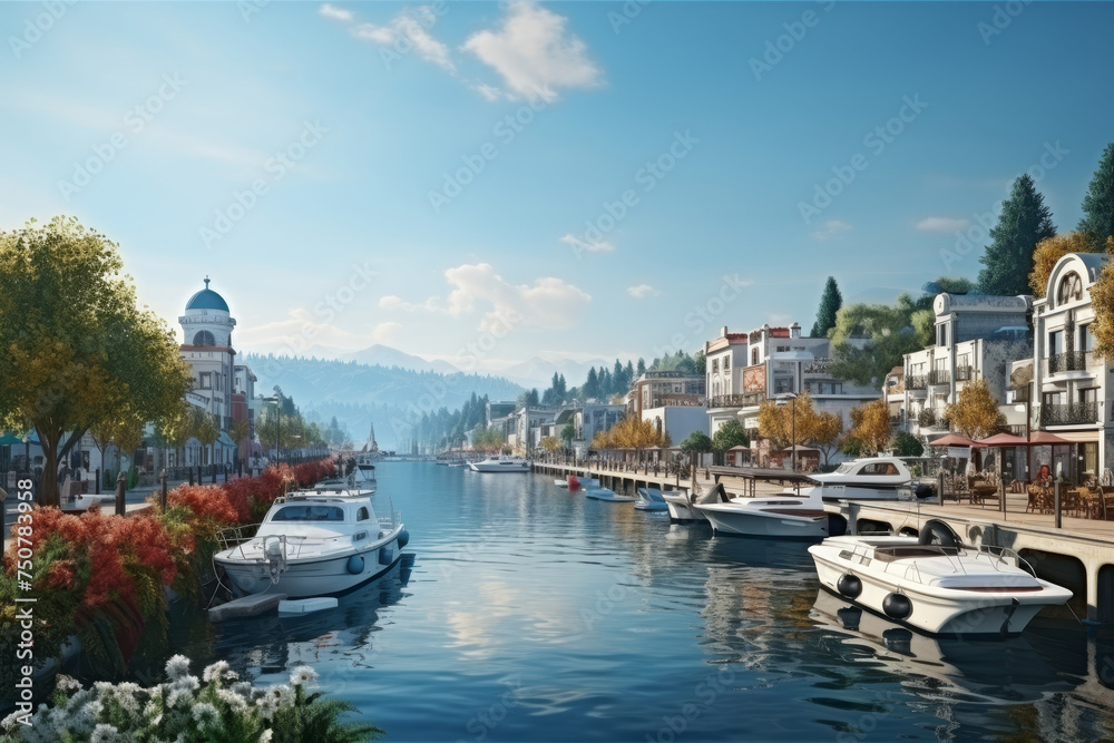 Mediterranean town in bay with turquoise sea and boats on a sunny morning,travel and tourism concept
