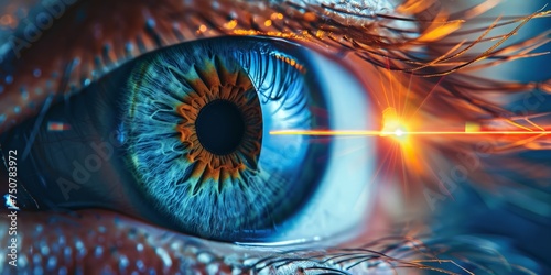 Laser or lasik eye surgery concept, laser beam shining into eyes. photo