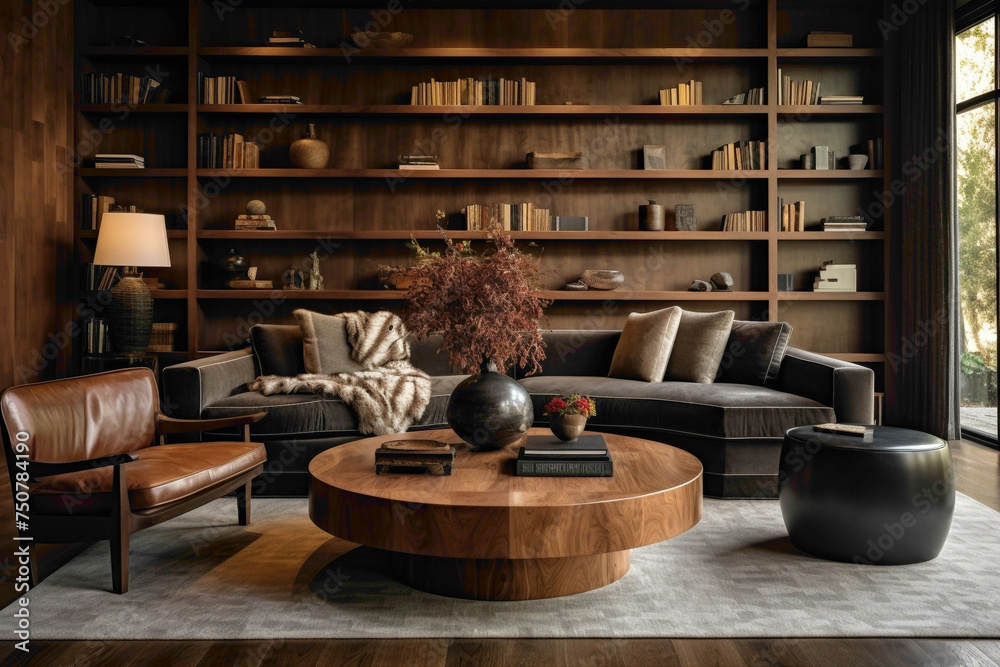 Harmonious lounge setting featuring a round wood coffee table, brown leather chair, ottoman, and sofa arranged neatly. Floating shelves embellish the wall.