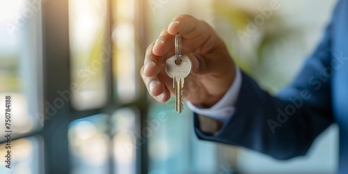 A man in a formal suit holding a car key, ready to start his vehicle and go about his day. © pham