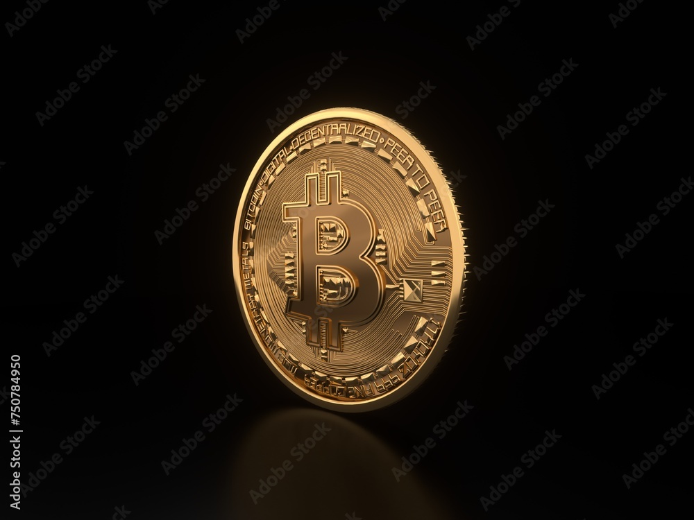 3D illustration of golden Bitcoin logo on the dark background. 3D illustration of golden Bitcoin logo on the dark background.