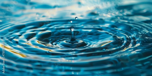 A single droplet of water descending into a body of water, creating ripples and splashes upon impact.