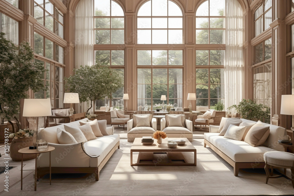 A drawing room adorned with beige upholstered furniture, wooden accents, and minimalist decor. Large windows flood the space with natural light, creating an airy atmosphere.