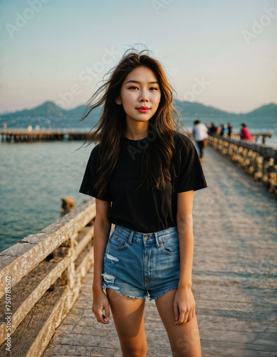 photo of beautiful asian woman in black top and jeans in fishing village, generative AI
