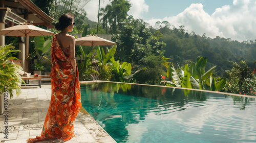 A woman wearing a sarong stands at the edge of an infinity pool, gazing out over a lush forest