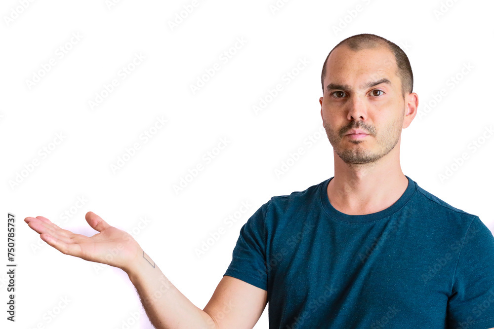 Naklejka premium expressive bald man making hand gesture and funny face ,showing something