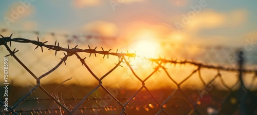 The sun is setting, casting a warm glow on a barbed wire fence in the foreground. The sky is painted with hues of orange and pink.