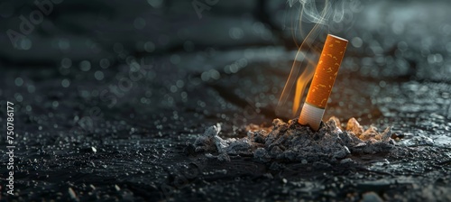 A cigarette lying on the ground with smoke billowing out of it, depicting littering and harmful effects of smoking on the environment.