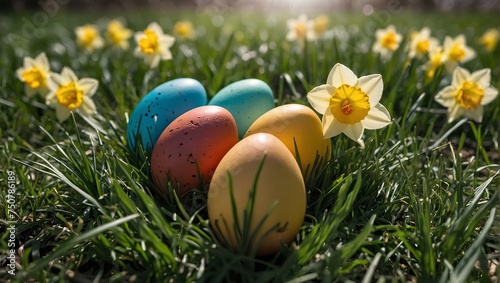 Colorful Easter eggs hidden in lush green grass with a vibrant daffodil. Generative Ai.