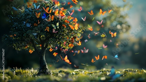 A tree with colorful butterflies 