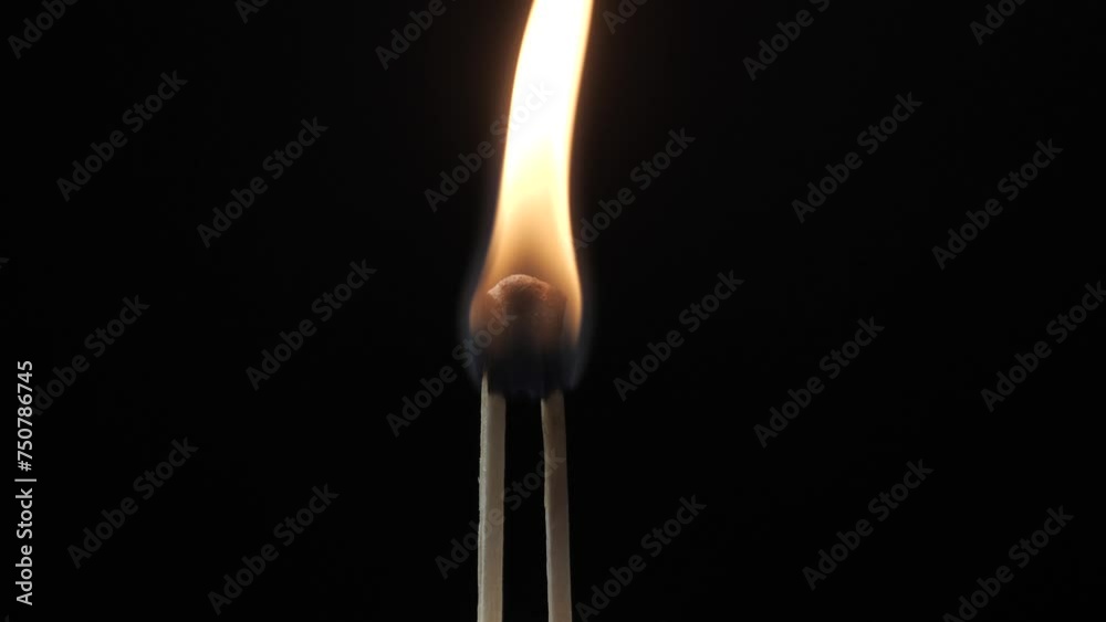 Two matches stuck together burning against a black background. Two matches stuck together burning against a black background.