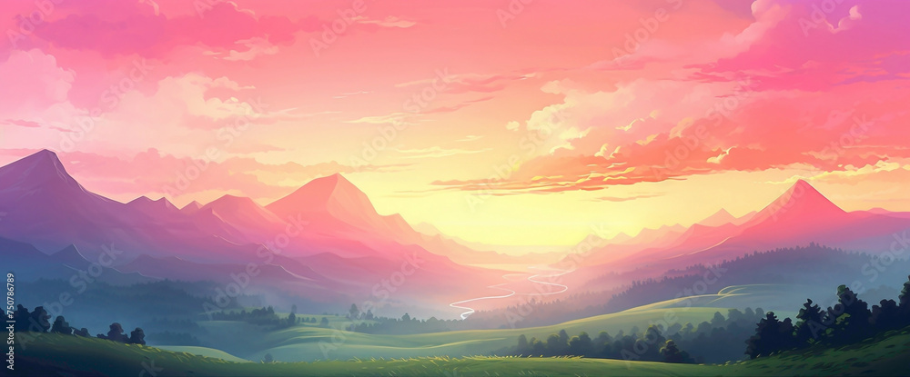 Tranquil gradient countryside with rolling hills and a pink sunset, capturing the cutest and most beautiful rural vista.