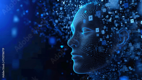 The Technology Concept, of a digital dark blue human face human, generative ai