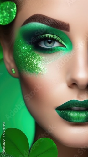 Close-up of a beautiful woman with creative makeup with green sequins, a large leaf of clover on the side, green eyes. St. Patrick's Day, an Irish holiday. Vertical banner